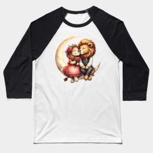 Valentine Lion Couple on Moon Baseball T-Shirt